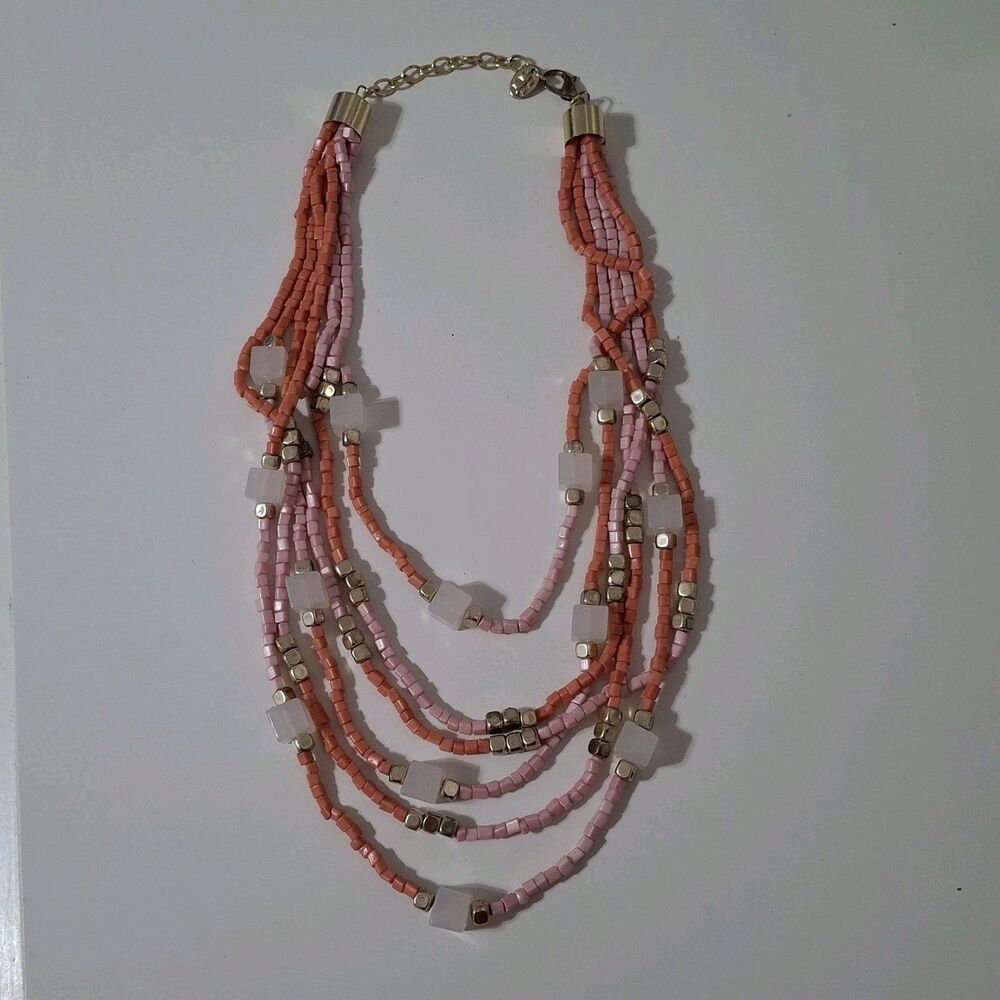Multi-Strand Layered White Pink Coral Gold Cube Cubic Geometric Beaded Necklace